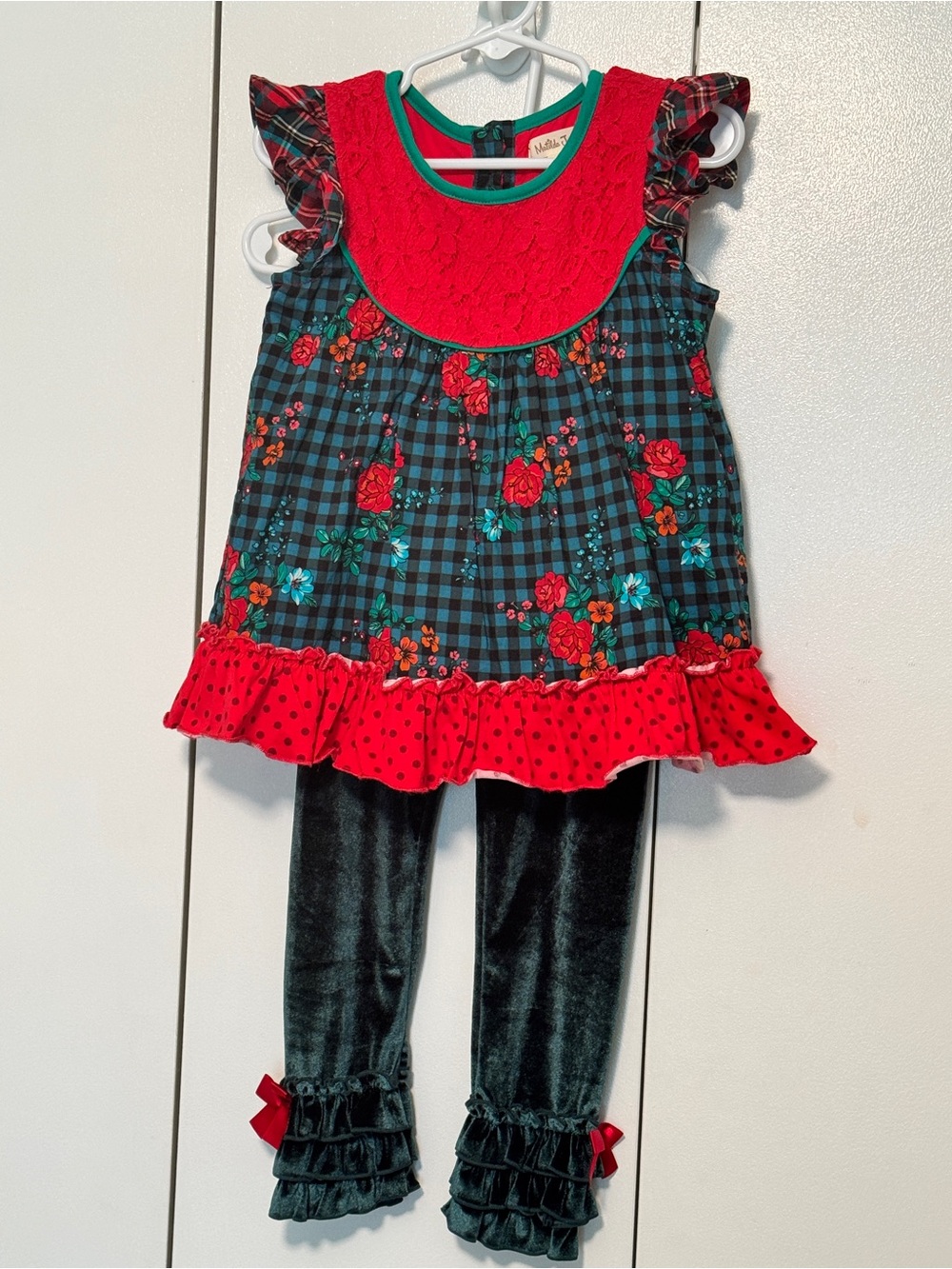 Matilda Jane Red & Green Floral Tunic Set with Green Velvet Leggings 4T